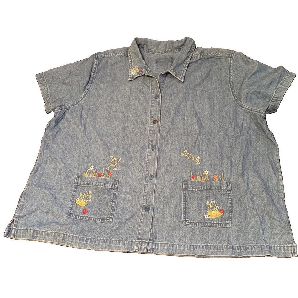 CJ Banks denim chambray embroidered floral button up shirt smock frogs 2XL